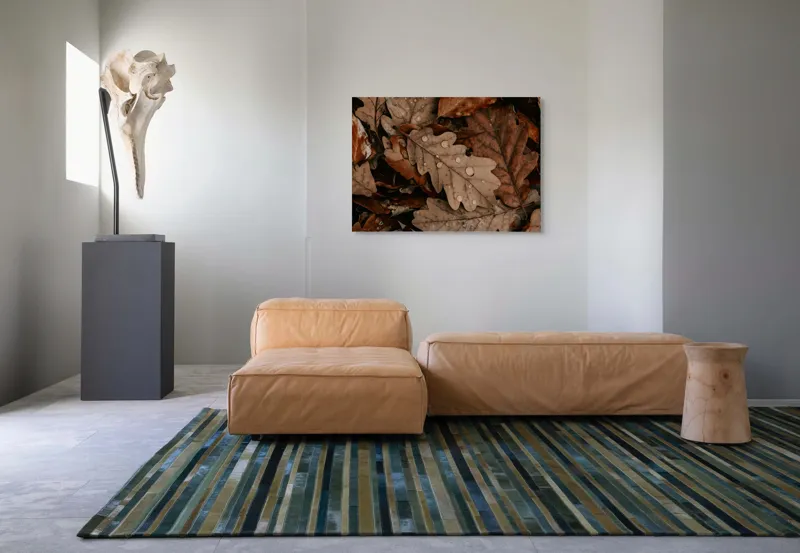 Tablou Canvas, "Frunze de stejar și picături de ploaie", Frunze, Toamnă, Picături, Natură, Maro, Textură, Plutind, 100 x 70 cm – poza 7