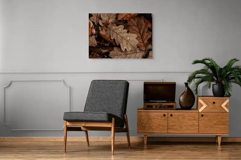 Tablou Canvas, "Frunze de stejar și picături de ploaie", Frunze, Toamnă, Picături, Natură, Maro, Textură, Plutind, 100 x 70 cm – poza 8