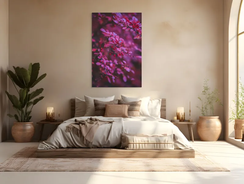 Tablou Canvas, "Povestea frunzelor roz în lumină", Rame, Frunze, Roz, Tonuri, Bace, Textură, Natural, Contrast, Frumusețe, Delicat., 100 x 150 cm – poza 3