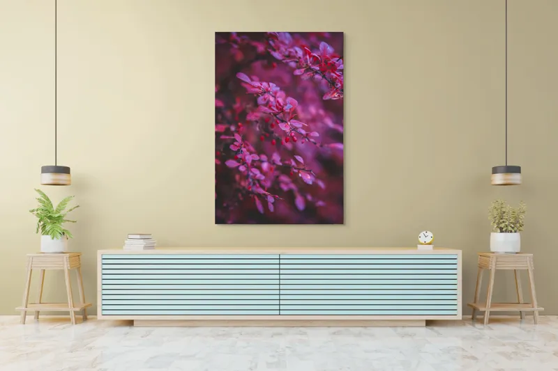Tablou Canvas, "Povestea frunzelor roz în lumină", Rame, Frunze, Roz, Tonuri, Bace, Textură, Natural, Contrast, Frumusețe, Delicat., 100 x 150 cm – poza 4