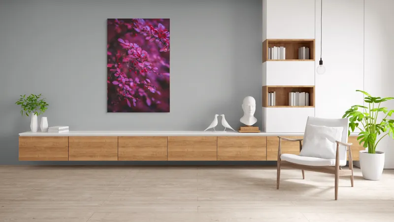 Tablou Canvas, "Povestea frunzelor roz în lumină", Rame, Frunze, Roz, Tonuri, Bace, Textură, Natural, Contrast, Frumusețe, Delicat., 100 x 150 cm – poza 8