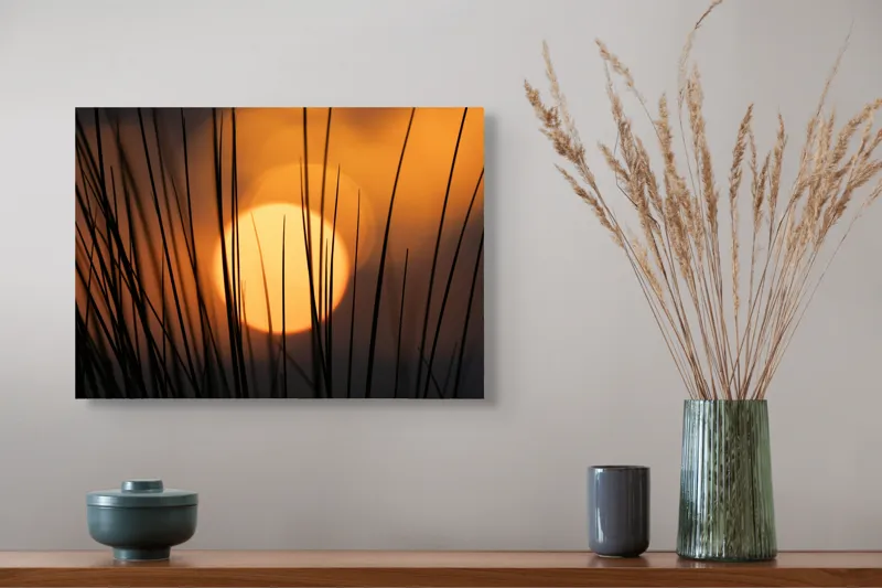 Tablou Canvas, "Soarele printre fire de iarbă", Soare, Apus, Siluete, Iarbă, Lumină, Crepuscul, Cer, 54 x 39 cm – poza 4