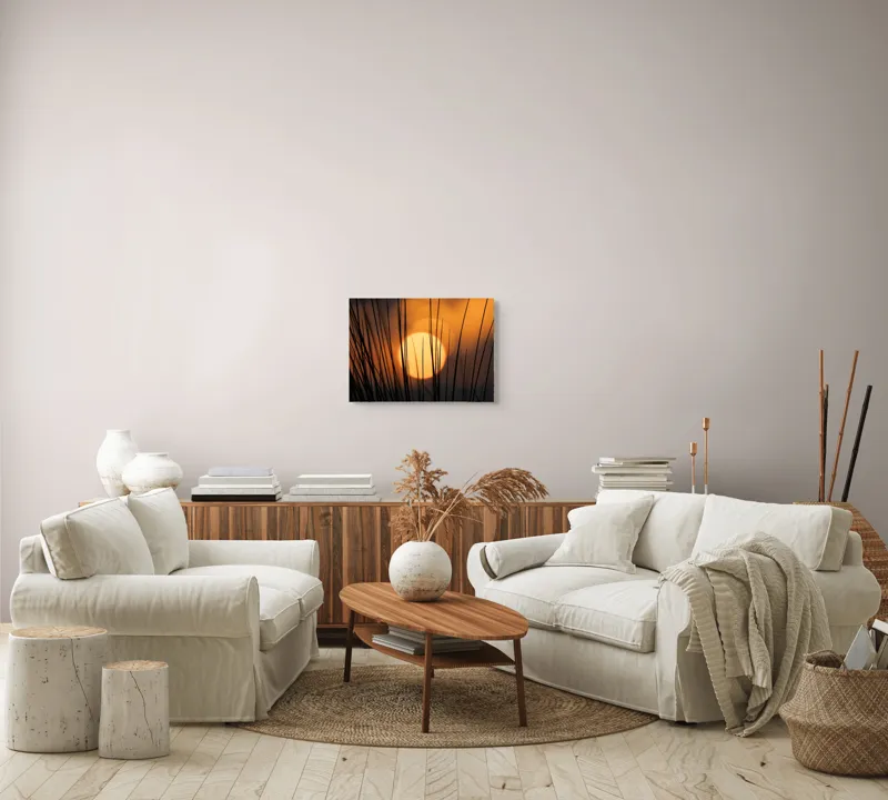 Tablou Canvas, "Soarele printre fire de iarbă", Soare, Apus, Siluete, Iarbă, Lumină, Crepuscul, Cer, 54 x 39 cm – poza 5