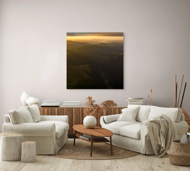 Tablou Canvas, "Lumini și umbre în munți la apus", Munți, Apus, Văi, Lumină, Culoare, Umbre, Natură, Calm, Întindere, 100 x 100 cm – poza 3