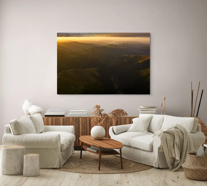 Tablou Canvas, "Lumini și umbre în munți la apus", Munți, Apus, Văi, Lumină, Culoare, Umbre, Natură, Calm, Întindere, 150 x 100 cm – poza 3