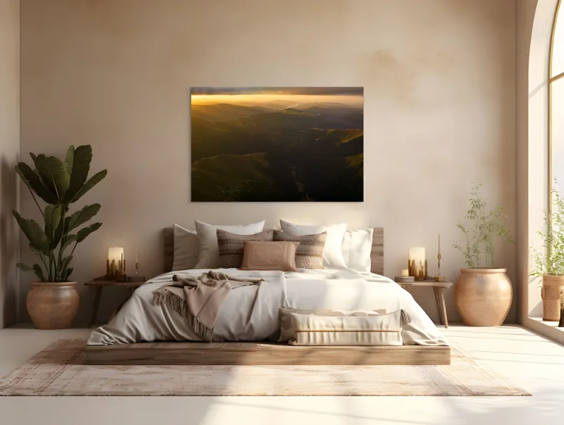 Tablou Canvas, "Lumini și umbre în munți la apus", Munți, Apus, Văi, Lumină, Culoare, Umbre, Natură, Calm, Întindere, 150 x 100 cm – poza 4