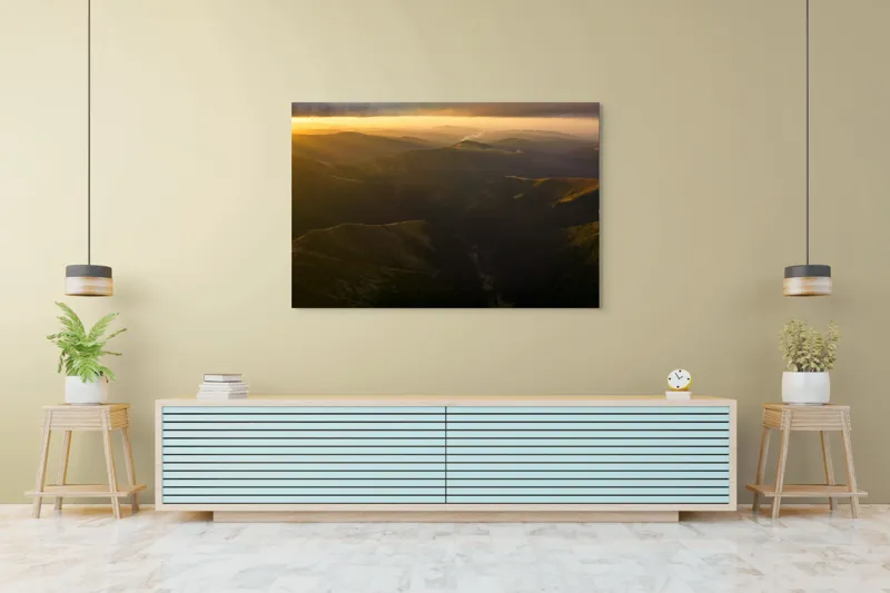 Tablou Canvas, "Lumini și umbre în munți la apus", Munți, Apus, Văi, Lumină, Culoare, Umbre, Natură, Calm, Întindere, 150 x 100 cm – poza 6