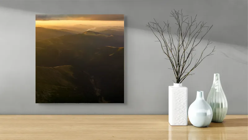 Tablou Canvas, "Lumini și umbre în munți la apus", Munți, Apus, Văi, Lumină, Culoare, Umbre, Natură, Calm, Întindere, 50 x 50 cm – poza 3