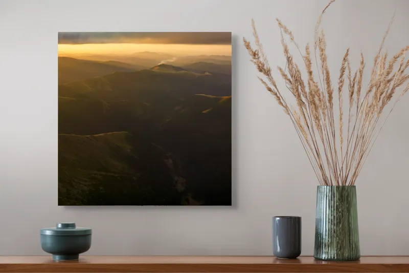 Tablou Canvas, "Lumini și umbre în munți la apus", Munți, Apus, Văi, Lumină, Culoare, Umbre, Natură, Calm, Întindere, 50 x 50 cm – poza 4