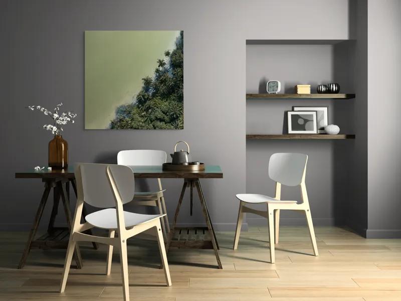 Tablou Canvas, "Pădurea tropicală întâlnește marea calmă", Pădure, Palmieri, Apă, Mal, Natură, Verde, Peisaj, Aerian, Tranziție, Contrast., 100 x 100 cm – poza 6