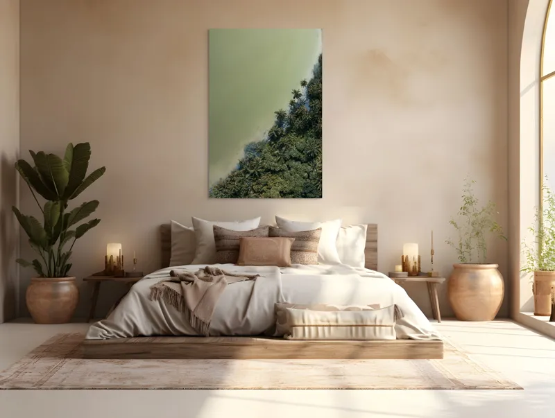 Tablou Canvas, "Pădurea tropicală întâlnește marea calmă", Pădure, Palmieri, Apă, Mal, Natură, Verde, Peisaj, Aerian, Tranziție, Contrast., 100 x 150 cm – poza 3