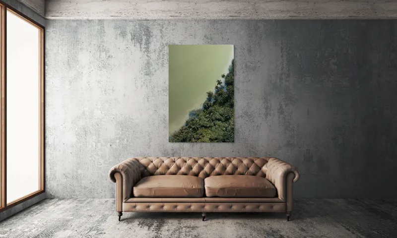 Tablou Canvas, "Pădurea tropicală întâlnește marea calmă", Pădure, Palmieri, Apă, Mal, Natură, Verde, Peisaj, Aerian, Tranziție, Contrast., 100 x 150 cm – poza 6