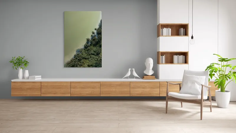 Tablou Canvas, "Pădurea tropicală întâlnește marea calmă", Pădure, Palmieri, Apă, Mal, Natură, Verde, Peisaj, Aerian, Tranziție, Contrast., 100 x 150 cm – poza 8