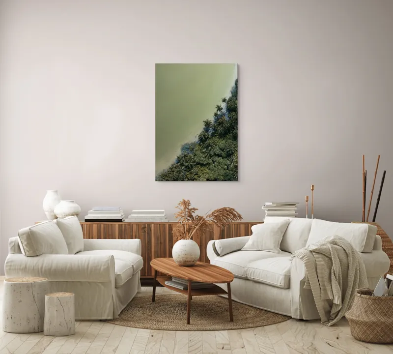 Tablou Canvas, "Pădurea tropicală întâlnește marea calmă", Pădure, Palmieri, Apă, Mal, Natură, Verde, Peisaj, Aerian, Tranziție, Contrast., 70 x 100 cm – poza 4