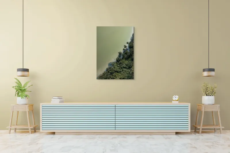 Tablou Canvas, "Pădurea tropicală întâlnește marea calmă", Pădure, Palmieri, Apă, Mal, Natură, Verde, Peisaj, Aerian, Tranziție, Contrast., 70 x 100 cm – poza 5