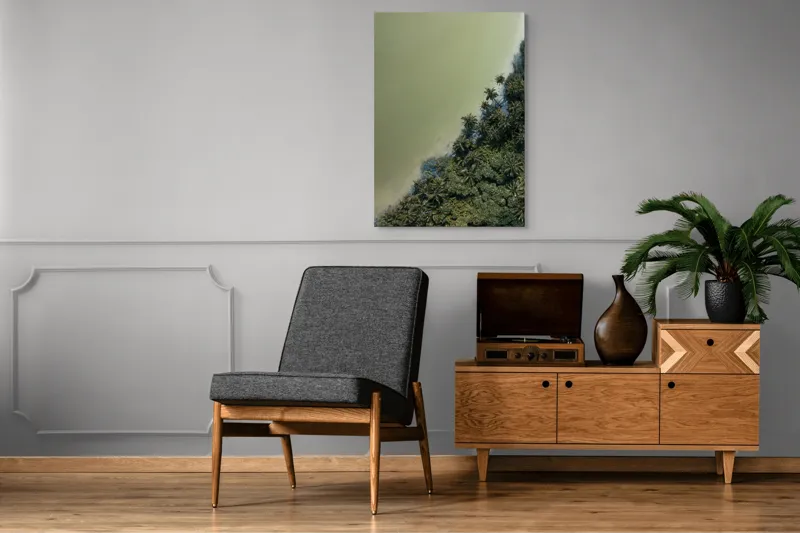 Tablou Canvas, "Pădurea tropicală întâlnește marea calmă", Pădure, Palmieri, Apă, Mal, Natură, Verde, Peisaj, Aerian, Tranziție, Contrast., 70 x 100 cm – poza 6