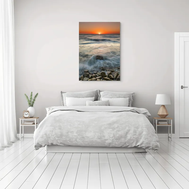Tablou Canvas, "Răsărit peste valurile mării", Apus, Ocean, Valuri, Pietre, Orizont, Lumină, Calm, Natură., 70 x 100 cm – poza 3