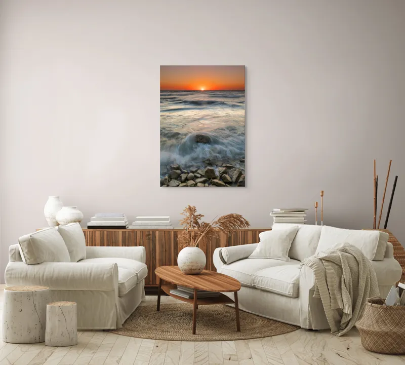 Tablou Canvas, "Răsărit peste valurile mării", Apus, Ocean, Valuri, Pietre, Orizont, Lumină, Calm, Natură., 70 x 100 cm – poza 4