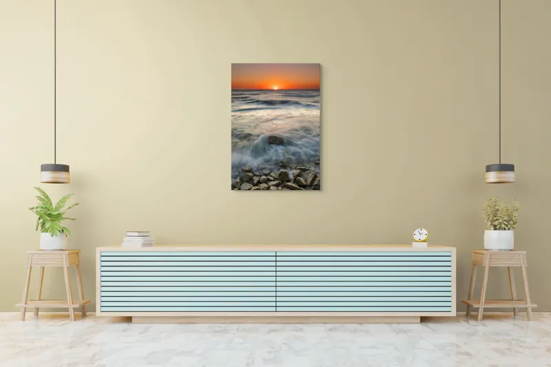 Tablou Canvas, "Răsărit peste valurile mării", Apus, Ocean, Valuri, Pietre, Orizont, Lumină, Calm, Natură., 70 x 100 cm – poza 5