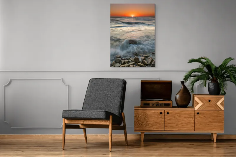 Tablou Canvas, "Răsărit peste valurile mării", Apus, Ocean, Valuri, Pietre, Orizont, Lumină, Calm, Natură., 70 x 100 cm – poza 6