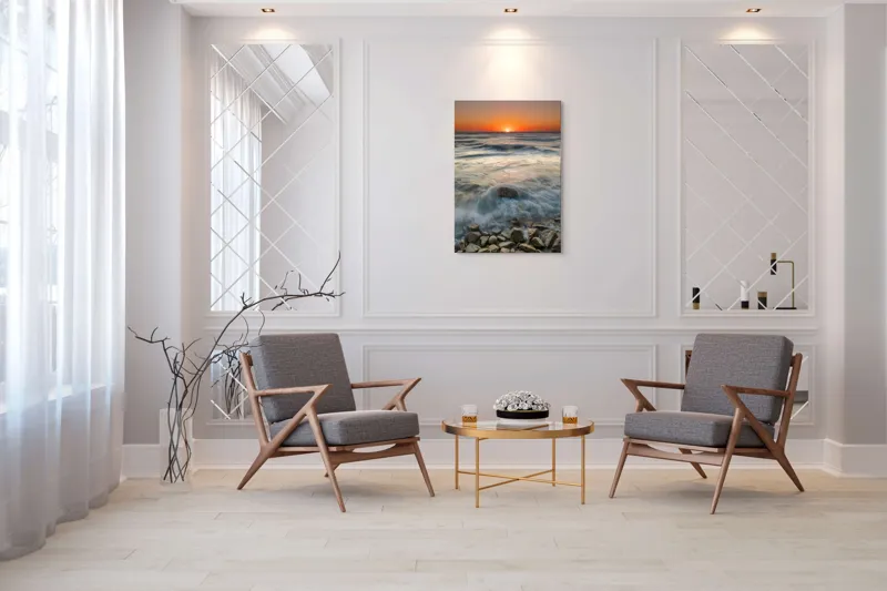 Tablou Canvas, "Răsărit peste valurile mării", Apus, Ocean, Valuri, Pietre, Orizont, Lumină, Calm, Natură., 70 x 100 cm – poza 8