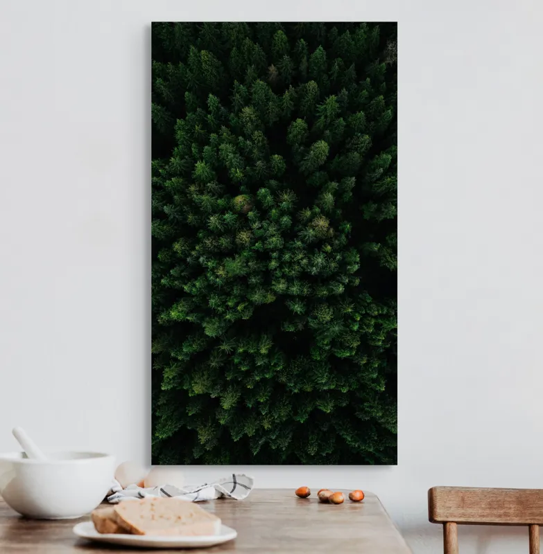 Tablou Canvas, "Coronamentul verde al pădurii liniștite", Verde, Copaci, Coronament, Densitate, Natură, Pădure, Aerian, Vegetație, 50 x 90 cm – poza 3