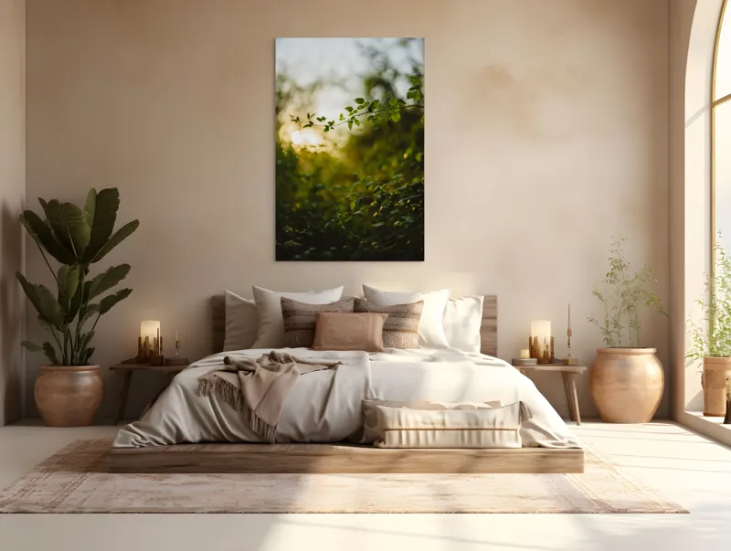 Tablou Canvas, "Răsărit printre crenguțe verzi strălucitoare", Frunze, Lumina, Apus, Verdeață, Natură, Relaxare, Atmosferă, Bokeh, Seară, Liniște, 100 x 150 cm – poza 3