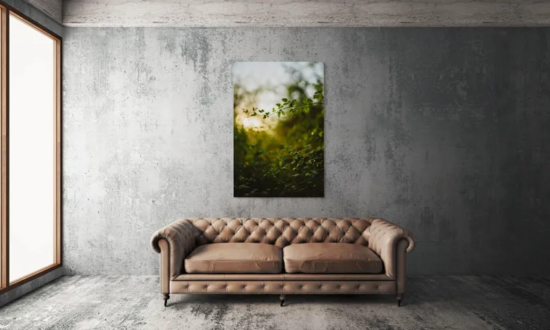 Tablou Canvas, "Răsărit printre crenguțe verzi strălucitoare", Frunze, Lumina, Apus, Verdeață, Natură, Relaxare, Atmosferă, Bokeh, Seară, Liniște, 100 x 150 cm – poza 6