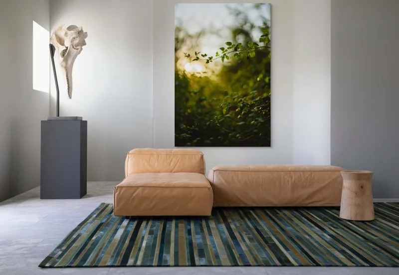 Tablou Canvas, "Răsărit printre crenguțe verzi strălucitoare", Frunze, Lumina, Apus, Verdeață, Natură, Relaxare, Atmosferă, Bokeh, Seară, Liniște, 100 x 150 cm – poza 7