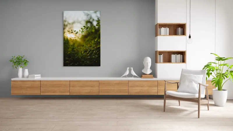 Tablou Canvas, "Răsărit printre crenguțe verzi strălucitoare", Frunze, Lumina, Apus, Verdeață, Natură, Relaxare, Atmosferă, Bokeh, Seară, Liniște, 100 x 150 cm – poza 8