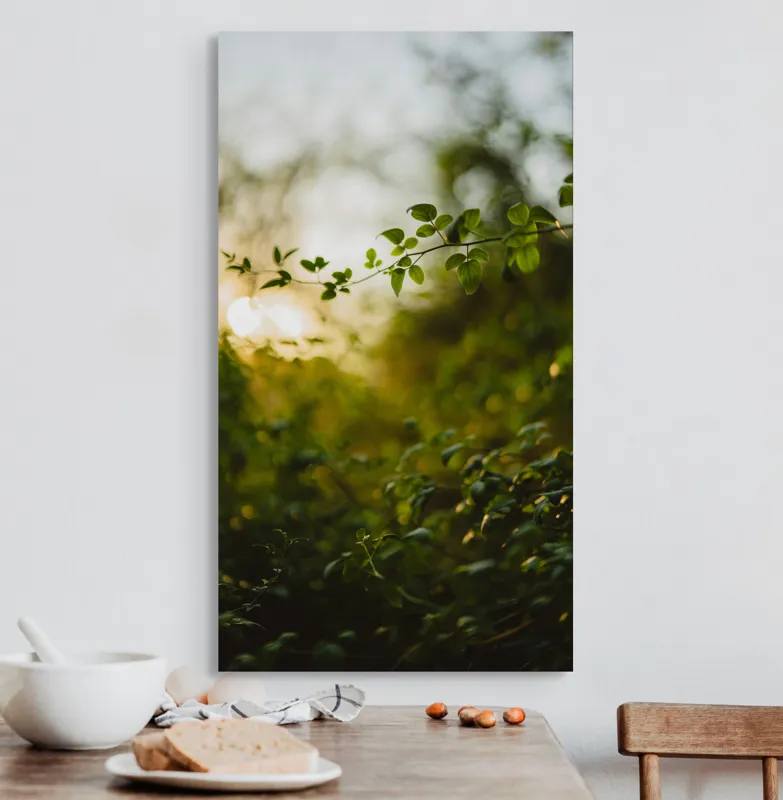 Tablou Canvas, "Răsărit printre crenguțe verzi strălucitoare", Frunze, Lumina, Apus, Verdeață, Natură, Relaxare, Atmosferă, Bokeh, Seară, Liniște, 50 x 90 cm – poza 3