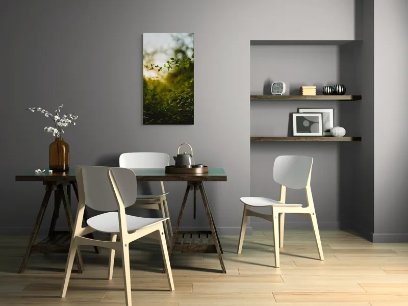 Tablou Canvas, "Răsărit printre crenguțe verzi strălucitoare", Frunze, Lumina, Apus, Verdeață, Natură, Relaxare, Atmosferă, Bokeh, Seară, Liniște, 50 x 90 cm – poza 4