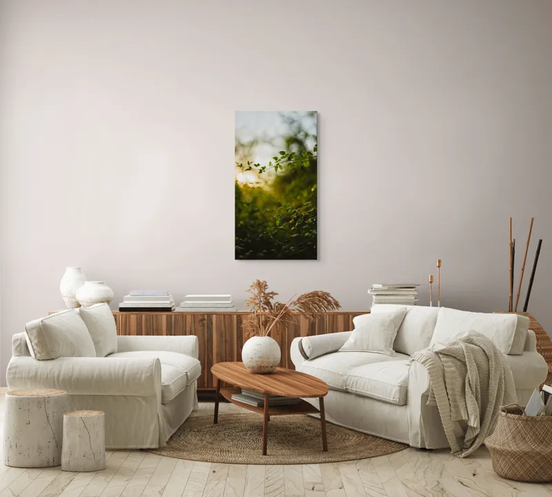 Tablou Canvas, "Răsărit printre crenguțe verzi strălucitoare", Frunze, Lumina, Apus, Verdeață, Natură, Relaxare, Atmosferă, Bokeh, Seară, Liniște, 50 x 90 cm – poza 7