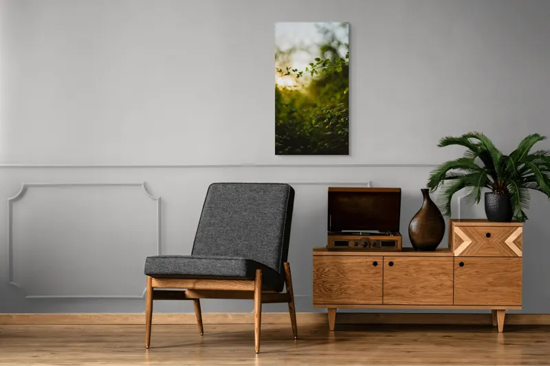 Tablou Canvas, "Răsărit printre crenguțe verzi strălucitoare", Frunze, Lumina, Apus, Verdeață, Natură, Relaxare, Atmosferă, Bokeh, Seară, Liniște, 50 x 90 cm – poza 8