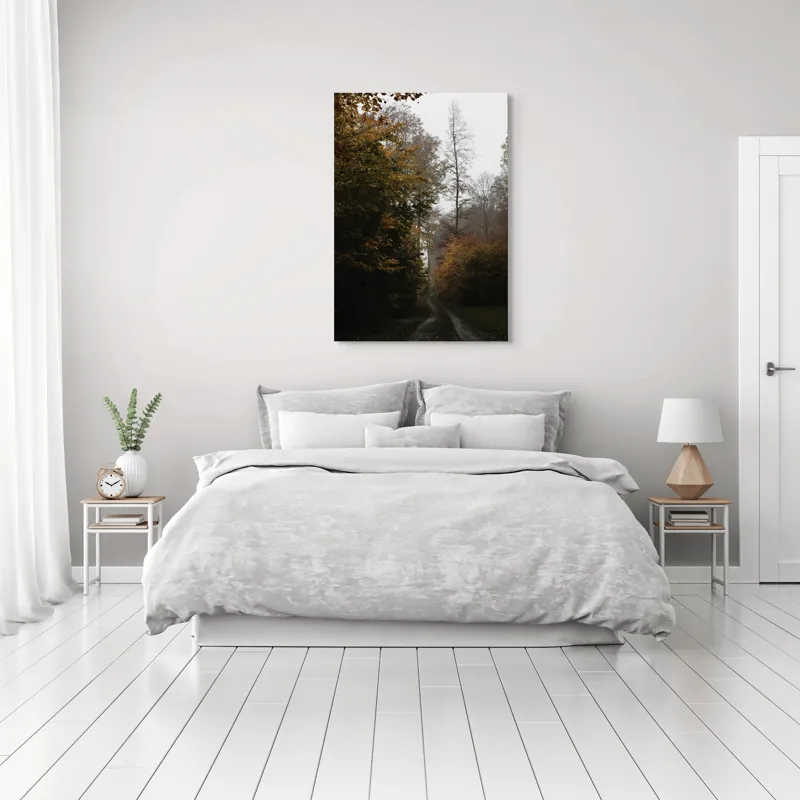 Tablou Canvas, "Cărare de toamnă prin pădurea tăcută", Toamnă, Pădure, Potecă, Frunze, Culoare, Înnorat, Natură, Tranquilitate, Izolare, Romanticism, 70 x 100 cm – poza 3