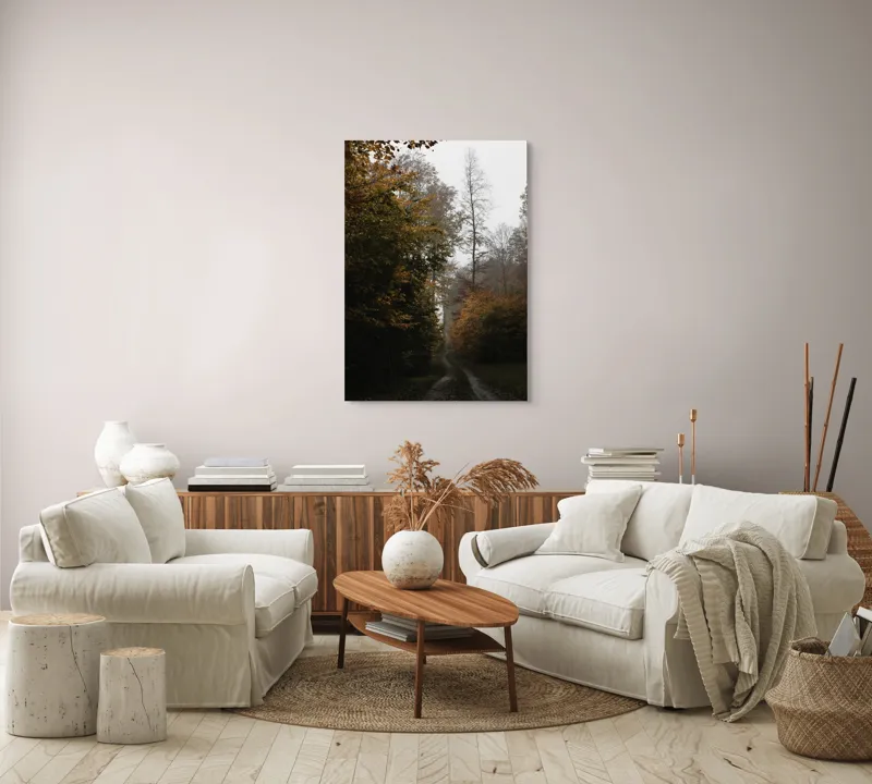 Tablou Canvas, "Cărare de toamnă prin pădurea tăcută", Toamnă, Pădure, Potecă, Frunze, Culoare, Înnorat, Natură, Tranquilitate, Izolare, Romanticism, 70 x 100 cm – poza 4