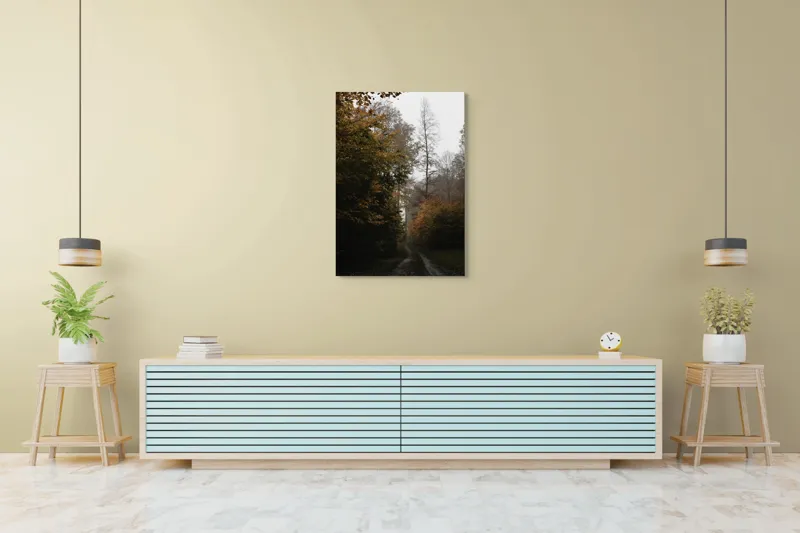 Tablou Canvas, "Cărare de toamnă prin pădurea tăcută", Toamnă, Pădure, Potecă, Frunze, Culoare, Înnorat, Natură, Tranquilitate, Izolare, Romanticism, 70 x 100 cm – poza 5