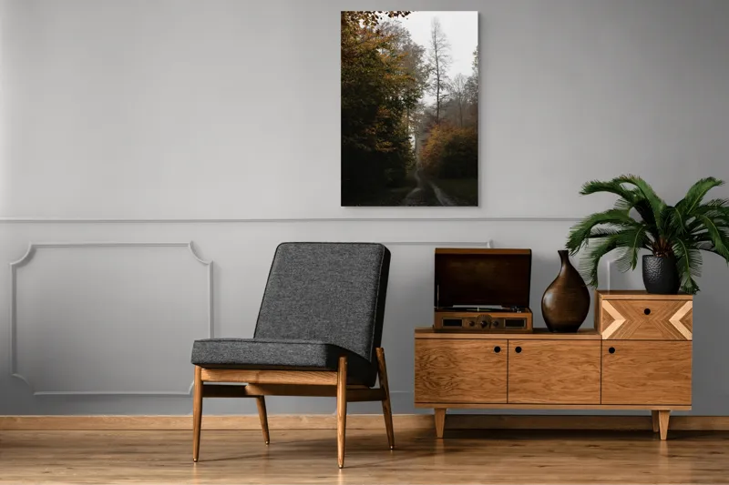 Tablou Canvas, "Cărare de toamnă prin pădurea tăcută", Toamnă, Pădure, Potecă, Frunze, Culoare, Înnorat, Natură, Tranquilitate, Izolare, Romanticism, 70 x 100 cm – poza 6