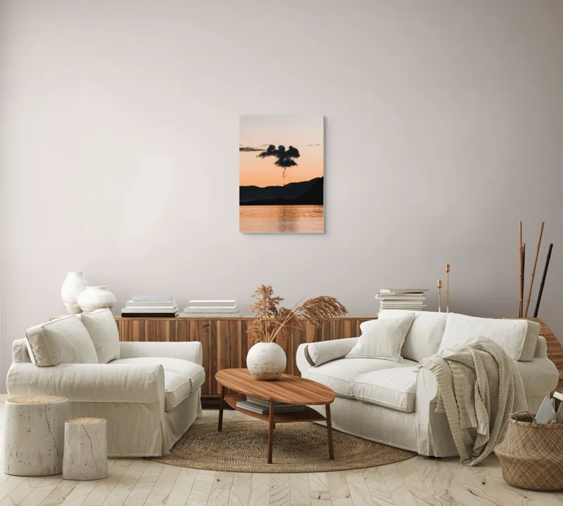 Tablou Canvas, "Nori de fum la apusul marii", Nori, Apus, Siluete, Apă, Liniște, Reflexie, Cer, Munți, Umbre, Peisaj, 50 x 70 cm – poza 4