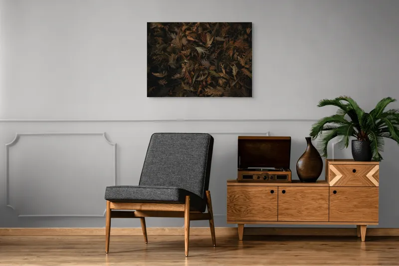 Tablou Canvas, "Frumusețea Trecătoare a Toamnei", Frunze, Toamnă, Natură, Textură, Maro, Usucate, Covor, Vegetație, Întunecat, Pământiu, 100 x 70 cm – poza 8