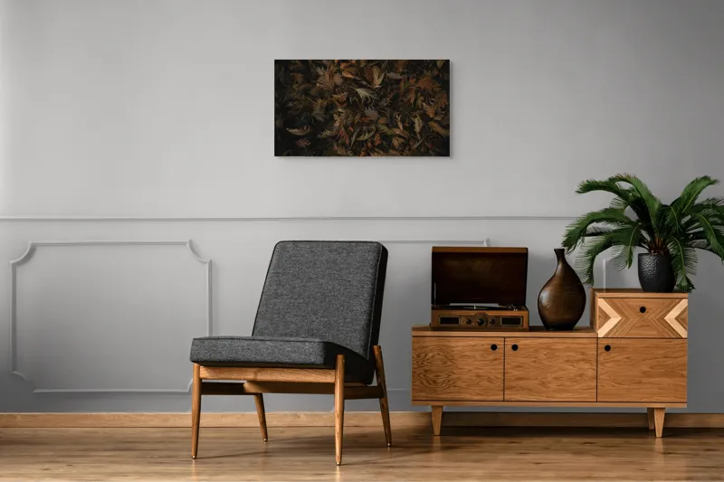 Tablou Canvas, "Frumusețea Trecătoare a Toamnei", Frunze, Toamnă, Natură, Textură, Maro, Usucate, Covor, Vegetație, Întunecat, Pământiu, 90 x 50 cm – poza 6