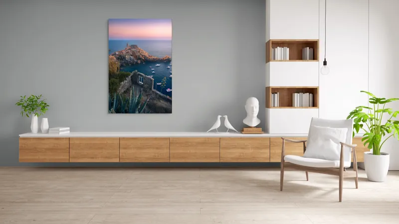 Tablou Canvas, "Castelul fermecat la apus de soare", Ruine, Apus, Lumină, Mare, Bărci, Stânci, Vegetație, Arhitectură, Cer, Frumusețe, 100 x 150 cm – poza 8