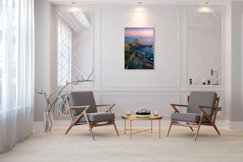 Tablou Canvas, "Castelul fermecat la apus de soare", Ruine, Apus, Lumină, Mare, Bărci, Stânci, Vegetație, Arhitectură, Cer, Frumusețe, 70 x 100 cm – poza 8