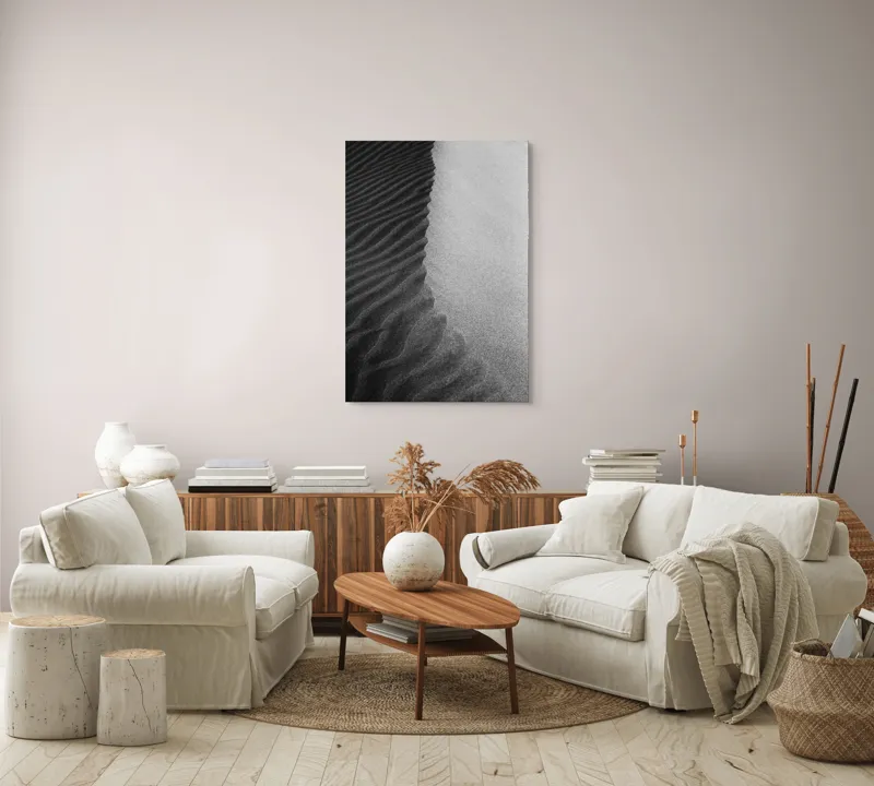 Tablou Canvas, "Nisipuri îmbrățișate de umbre fine", Nisip, Textură, Contrast, Dune, Valuri, Natural, Monocrom, Mișcare, 70 x 100 cm – poza 4