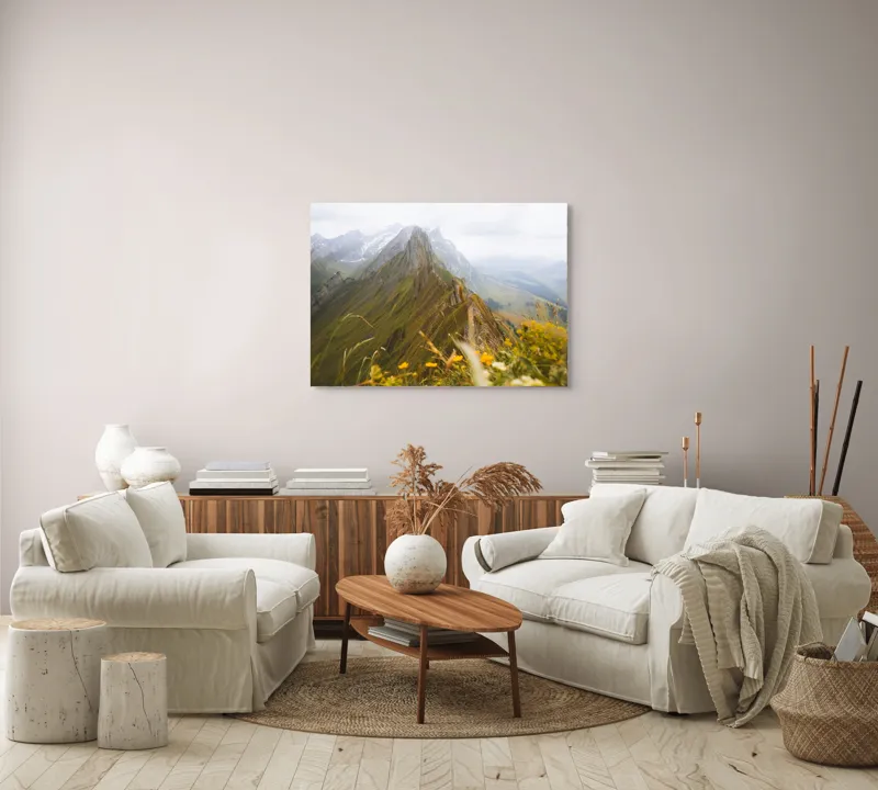 Tablou Canvas, "Culmile înzăpezite ale verii alpine", Munți, Norii, Vârfuri, Verdeață, Flori, Perspectivă, Peisaj, Natură, Alpin, Întindere, 100 x 70 cm – poza 3