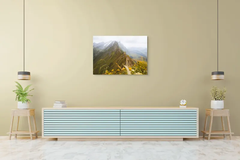 Tablou Canvas, "Culmile înzăpezite ale verii alpine", Munți, Norii, Vârfuri, Verdeață, Flori, Perspectivă, Peisaj, Natură, Alpin, Întindere, 100 x 70 cm – poza 4
