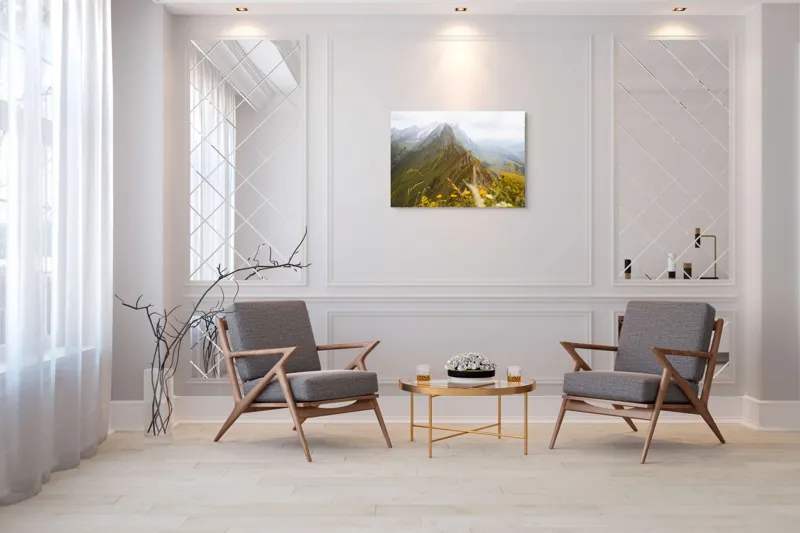 Tablou Canvas, "Culmile înzăpezite ale verii alpine", Munți, Norii, Vârfuri, Verdeață, Flori, Perspectivă, Peisaj, Natură, Alpin, Întindere, 100 x 70 cm – poza 5