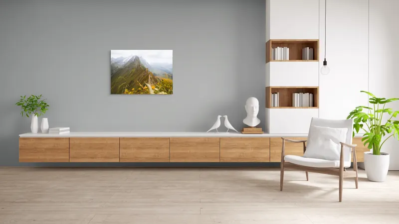 Tablou Canvas, "Culmile înzăpezite ale verii alpine", Munți, Norii, Vârfuri, Verdeață, Flori, Perspectivă, Peisaj, Natură, Alpin, Întindere, 100 x 70 cm – poza 6