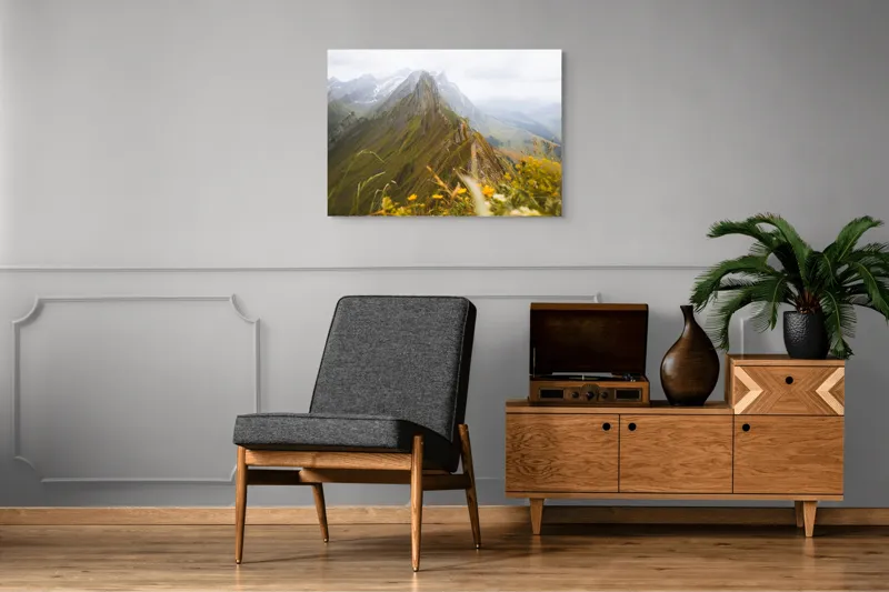 Tablou Canvas, "Culmile înzăpezite ale verii alpine", Munți, Norii, Vârfuri, Verdeață, Flori, Perspectivă, Peisaj, Natură, Alpin, Întindere, 100 x 70 cm – poza 8