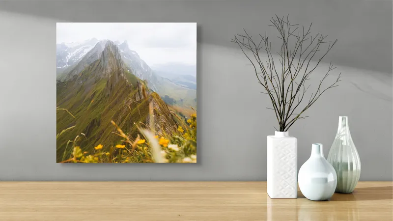 Tablou Canvas, "Culmile înzăpezite ale verii alpine", Munți, Norii, Vârfuri, Verdeață, Flori, Perspectivă, Peisaj, Natură, Alpin, Întindere, 50 x 50 cm – poza 3